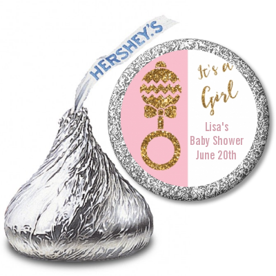 Gold Glitter Pink Rattle - Hershey Kiss Baby Shower Sticker Labels