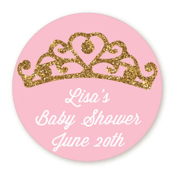  Gold Glitter Pink Tiara - Round Personalized Baby Shower Sticker Labels Option 1