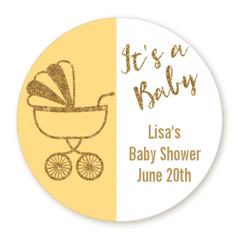  Gold Glitter Yellow Carriage - Round Personalized Baby Shower Sticker Labels 