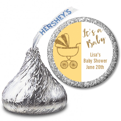 Gold Glitter Yellow Carriage - Hershey Kiss Baby Shower Sticker Labels