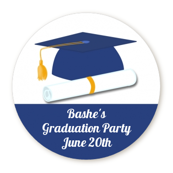  Graduation Cap Blue - Round Personalized Graduation Party Sticker Labels 