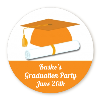  Graduation Cap Orange - Round Personalized Graduation Party Sticker Labels 