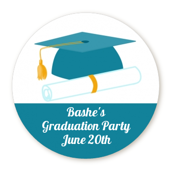  Graduation Cap Teal - Round Personalized Graduation Party Sticker Labels 