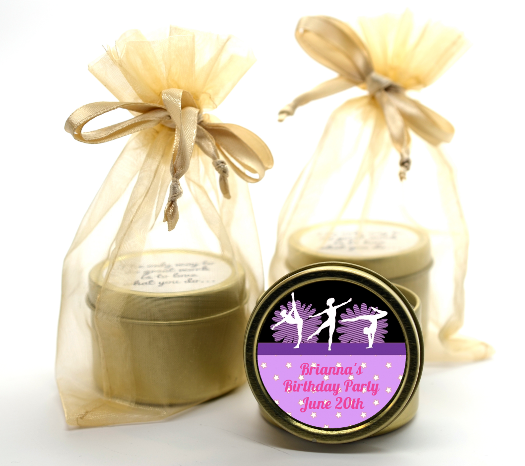  Gymnastics - Birthday Party Gold Tin Candle Favors Option 1