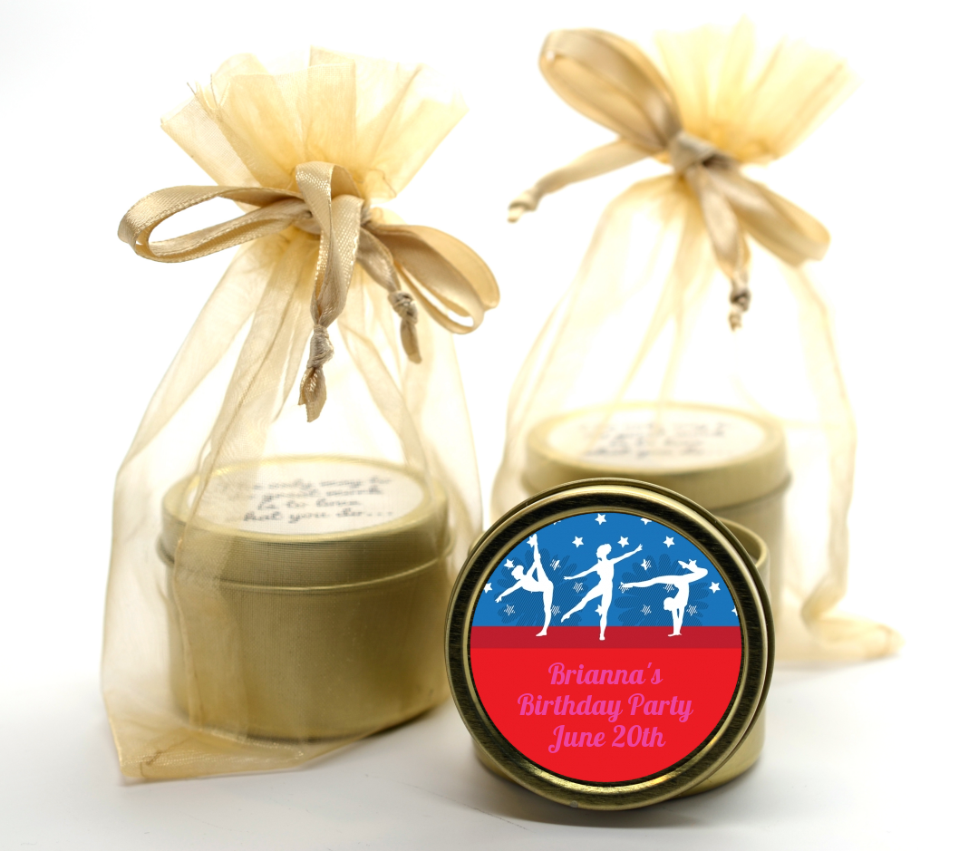  Gymnastics - Birthday Party Gold Tin Candle Favors Option 1