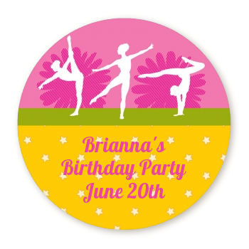  Gymnastics - Round Personalized Birthday Party Sticker Labels Option 1