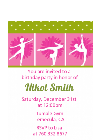  Gymnastics - Birthday Party Petite Invitations Pink/Green