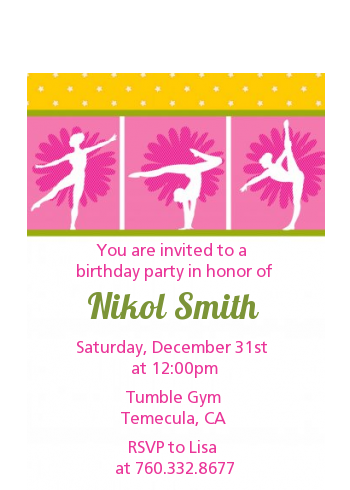  Gymnastics - Birthday Party Petite Invitations Pink/Green