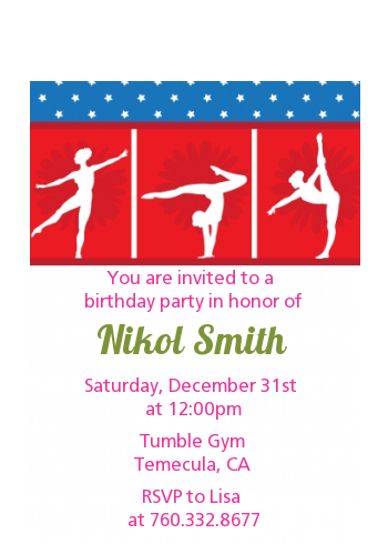  Gymnastics - Birthday Party Petite Invitations Pink/Green