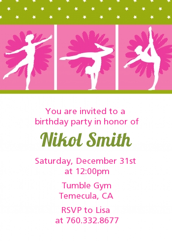  Gymnastics - Birthday Party Invitations Pink/Green