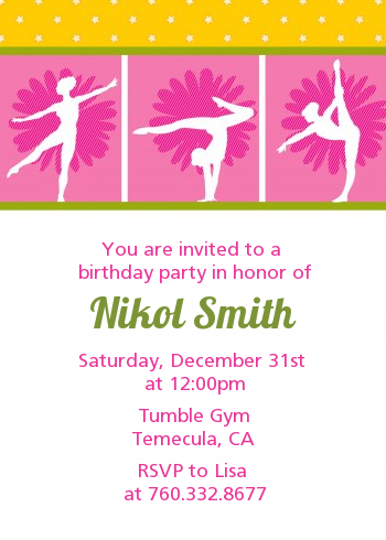  Gymnastics - Birthday Party Invitations Pink/Green