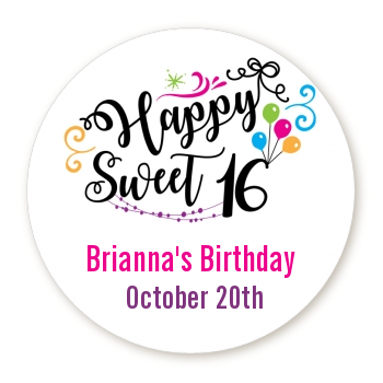  Happy Sweet 16 - Round Personalized Birthday Party Sticker Labels Option 1