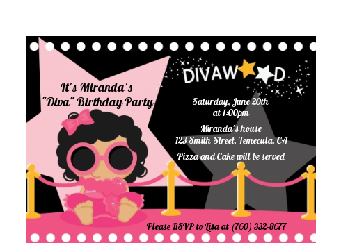  Hollywood Diva on the Pink Carpet - Birthday Party Petite Invitations Pink Carpet Black Hair