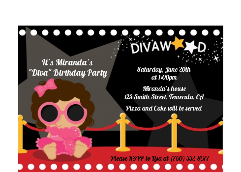  Hollywood Diva on the Red Carpet - Birthday Party Petite Invitations Black Hair