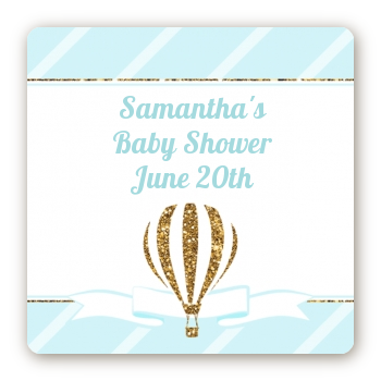 Hot Air Balloon Boy Gold Glitter - Square Personalized Baby Shower Sticker Labels