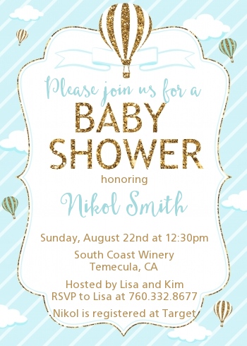 Hot Air Balloon Boy Gold Glitter - Baby Shower Invitations