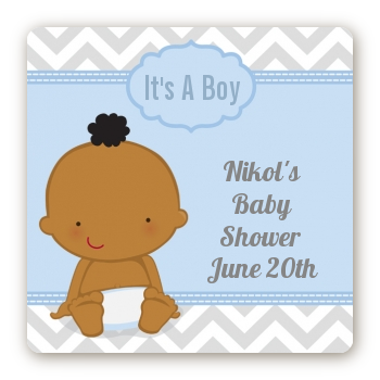 It's A Boy Chevron African American - Square Personalized Baby Shower Sticker Labels