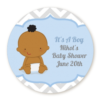  It's A Boy Chevron African American - Round Personalized Baby Shower Sticker Labels 