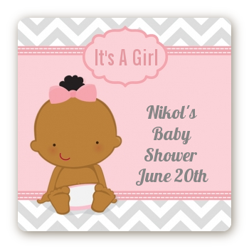 It's A Girl Chevron African American - Square Personalized Baby Shower Sticker Labels