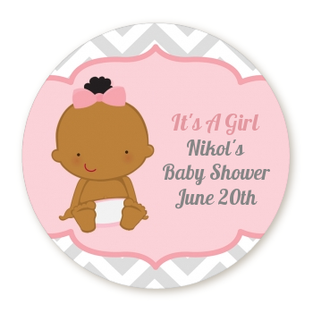  It's A Girl Chevron African American - Round Personalized Baby Shower Sticker Labels 