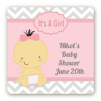 It's A Girl Chevron Asian - Square Personalized Baby Shower Sticker Labels