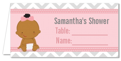 It's A Girl Chevron African American - Personalized Baby Shower Place Cards