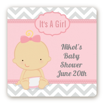 It's A Girl Chevron - Square Personalized Baby Shower Sticker Labels