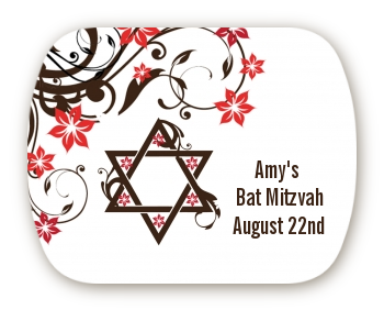 Jewish Star Of David Floral Blossom - Personalized Bar / Bat Mitzvah Rounded Corner Stickers