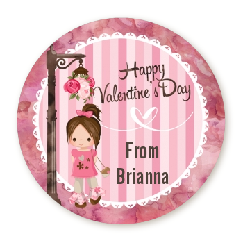  Little Girl - Round Personalized Valentines Day Sticker Labels Option 1