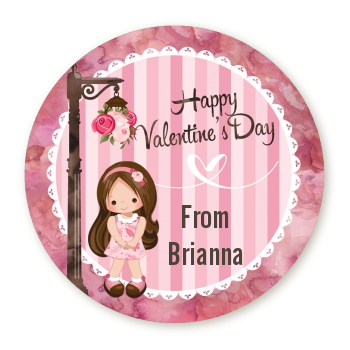  Little Girl - Round Personalized Valentines Day Sticker Labels Option 1