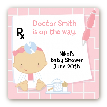  Little Girl Doctor On The Way - Square Personalized Baby Shower Sticker Labels Caucasian