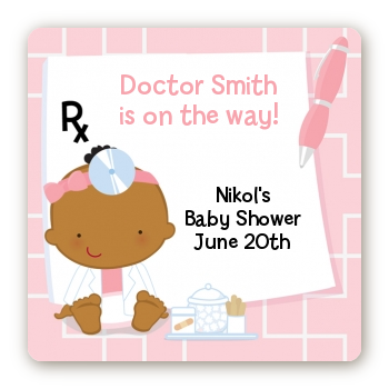  Little Girl Doctor On The Way - Square Personalized Baby Shower Sticker Labels Caucasian