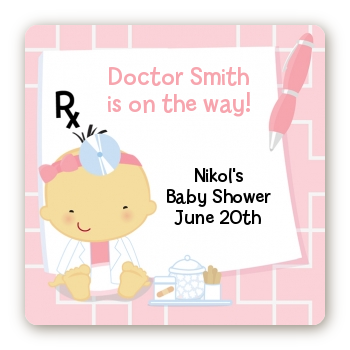  Little Girl Doctor On The Way - Square Personalized Baby Shower Sticker Labels Caucasian