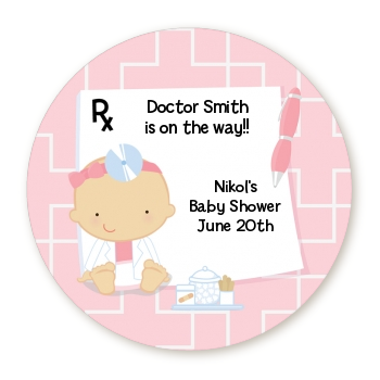  Little Girl Doctor On The Way - Round Personalized Baby Shower Sticker Labels Caucasian