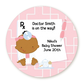  Little Girl Doctor On The Way - Round Personalized Baby Shower Sticker Labels Caucasian