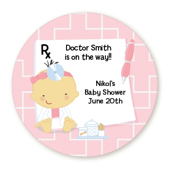  Little Girl Doctor On The Way - Round Personalized Baby Shower Sticker Labels Caucasian