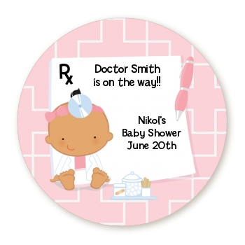  Little Girl Doctor On The Way - Round Personalized Baby Shower Sticker Labels Caucasian