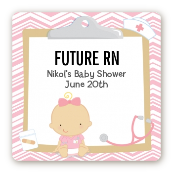  Little Girl Nurse On The Way - Square Personalized Baby Shower Sticker Labels Caucasian