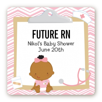  Little Girl Nurse On The Way - Square Personalized Baby Shower Sticker Labels Caucasian