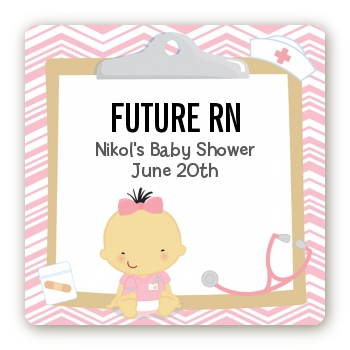  Little Girl Nurse On The Way - Square Personalized Baby Shower Sticker Labels Caucasian