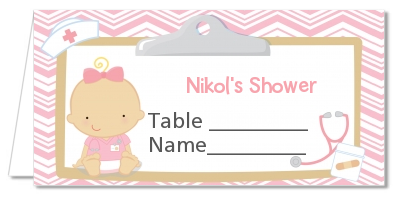  Little Girl Nurse On The Way - Personalized Baby Shower Place Cards Caucasian