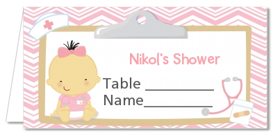  Little Girl Nurse On The Way - Personalized Baby Shower Place Cards Caucasian