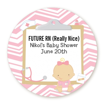  Little Girl Nurse On The Way - Round Personalized Baby Shower Sticker Labels Caucasian