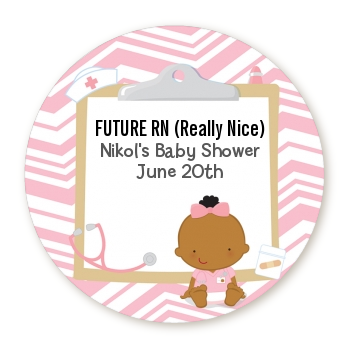  Little Girl Nurse On The Way - Round Personalized Baby Shower Sticker Labels Caucasian