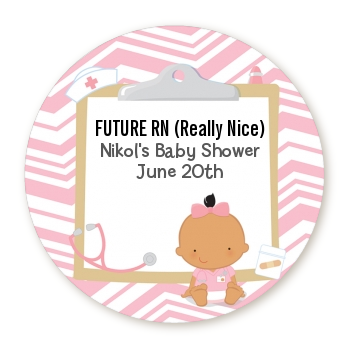  Little Girl Nurse On The Way - Round Personalized Baby Shower Sticker Labels Caucasian