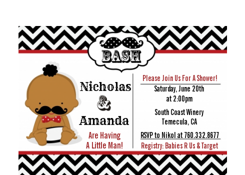  Little Man Mustache Black/Grey - Baby Shower Petite Invitations African American Black/Red