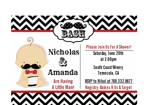  Little Man Mustache Black/Grey - Baby Shower Petite Invitations African American Black/Red