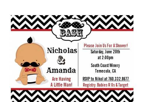  Little Man Mustache Black/Grey - Baby Shower Petite Invitations African American Black/Red