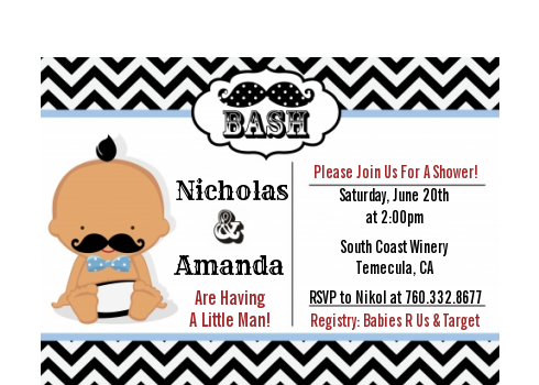  Little Man Mustache Black/Grey - Baby Shower Petite Invitations African American Black/Red