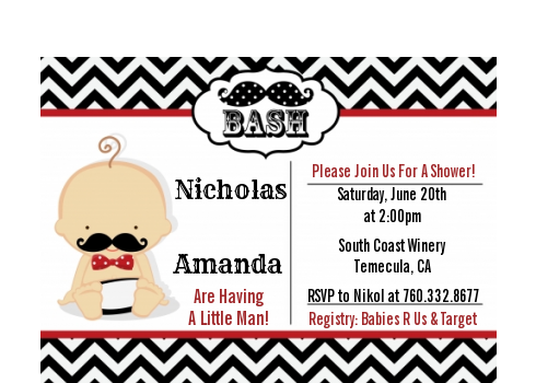  Little Man Mustache Black/Grey - Baby Shower Petite Invitations African American Black/Red